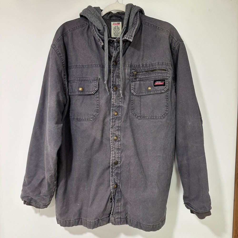 Dickies Mens Hooded Work Jacket Large Gray Canvas Quilted Lined Utility GD5319‎
